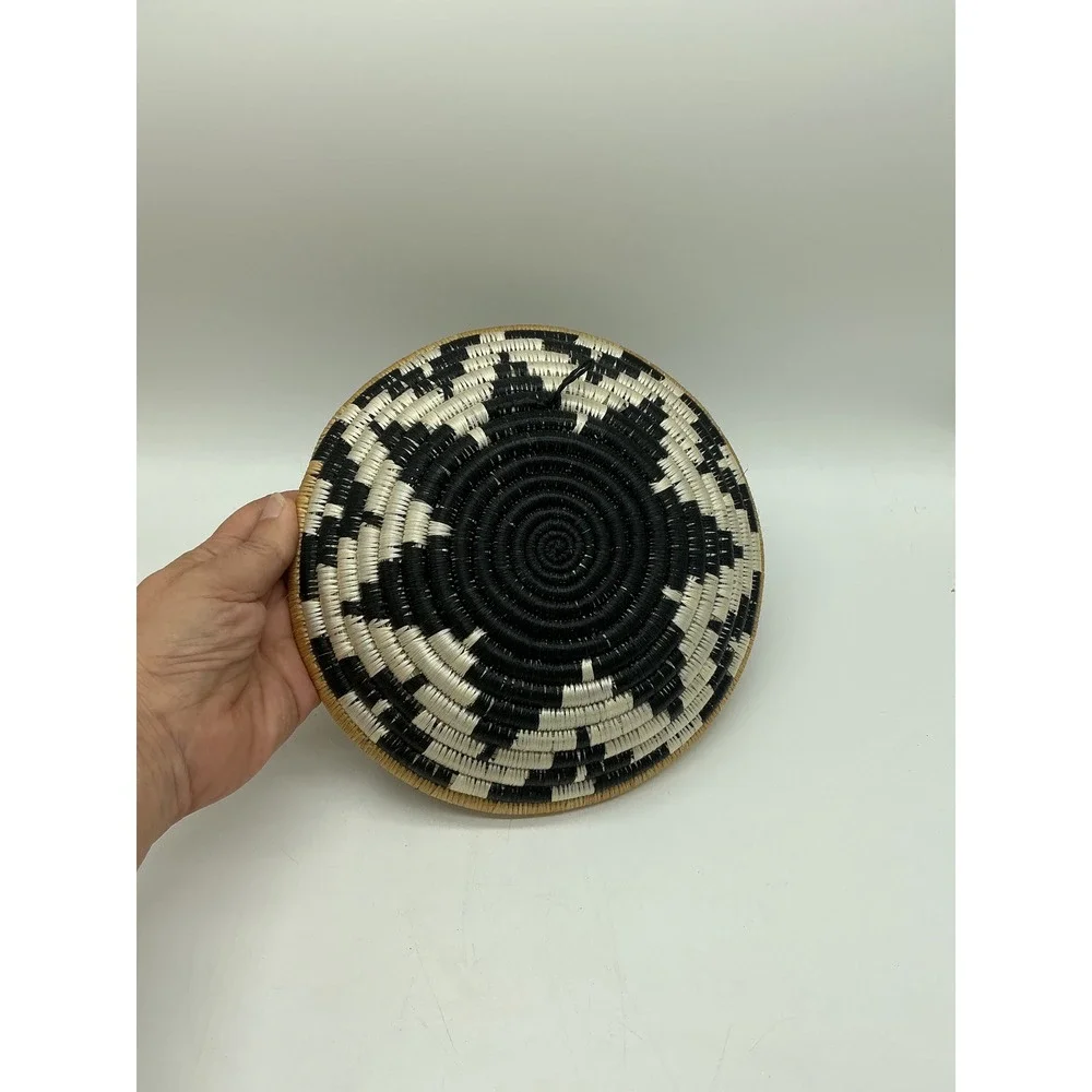 Woven Sisal Wall Basket Bowl Black Cream Geometric Boho Tribal Decor 8 Inch